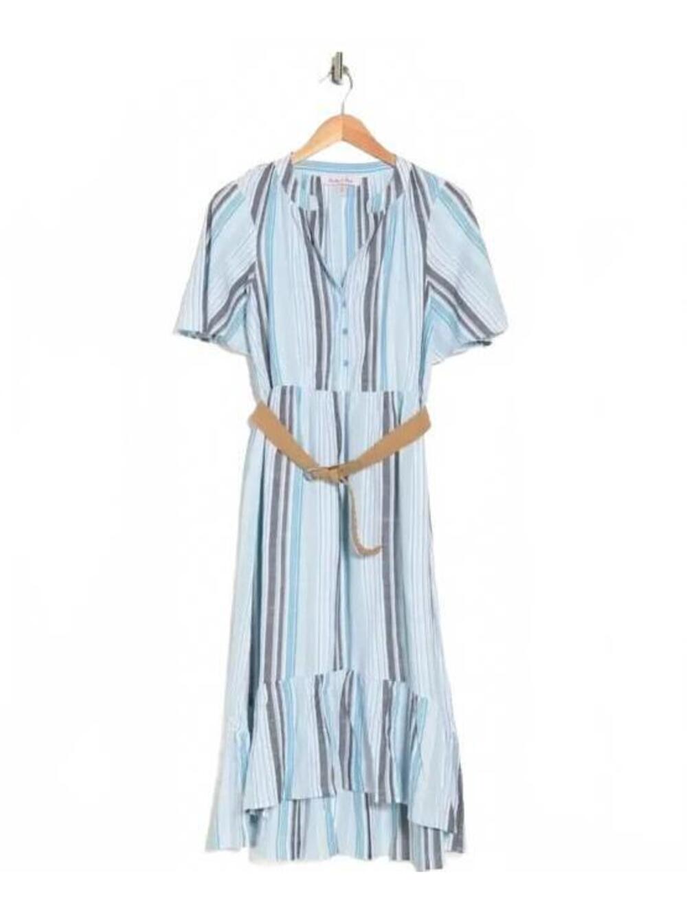 NWT Harlow and Rose Short Flutter Bell Sleeve Striped Dress with Belt, Size M